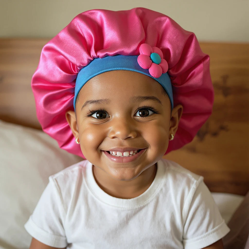 Bonnet en satin enfant à fleur, vue de face