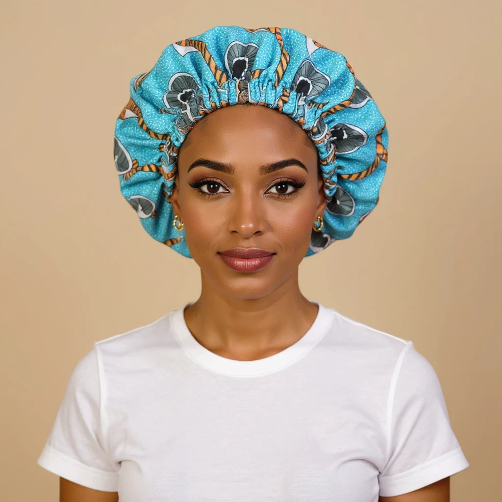 Bonnet en satin wax africain, vue de face