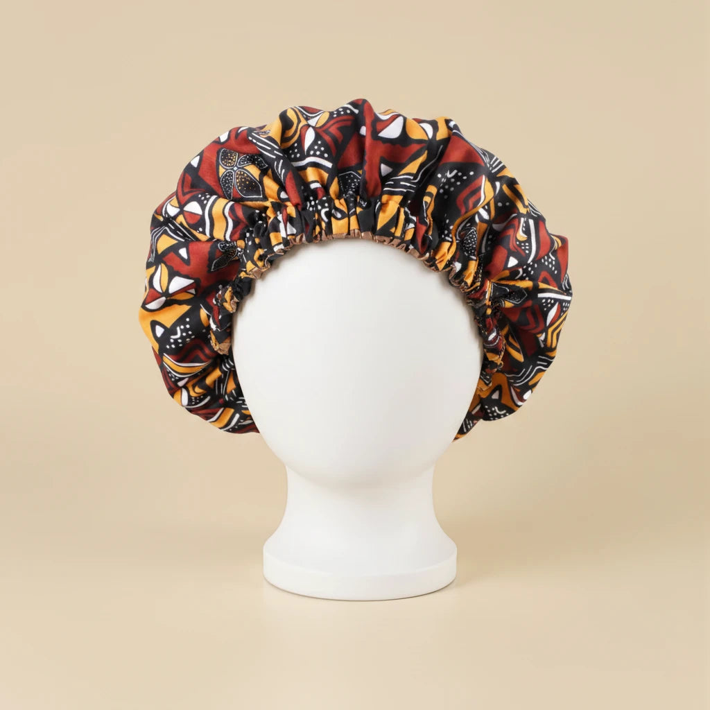 Bonnet en satin wax africain, coloris wax rouge et jaune