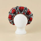 Bonnet en satin wax africain, coloris wax rouge et noir