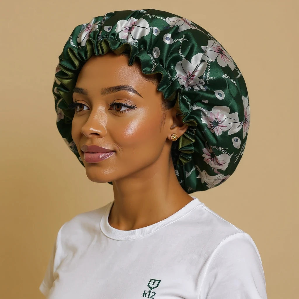 Bonnet en satin doublé motif floral porté par femme, vue de profil 3/4 — détail satin