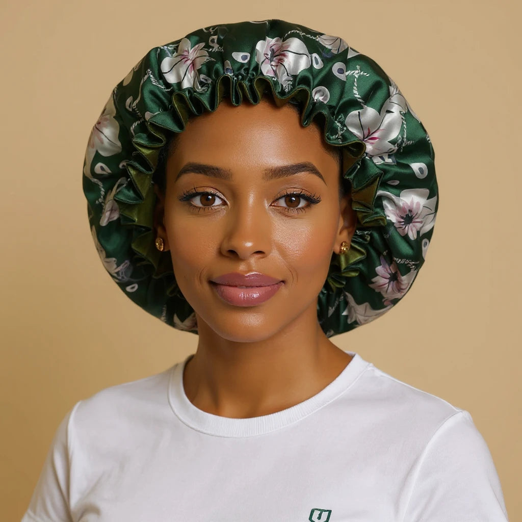 Bonnet en satin doublé motif floral porté par femme, vue de face — soin nocturne capillaire