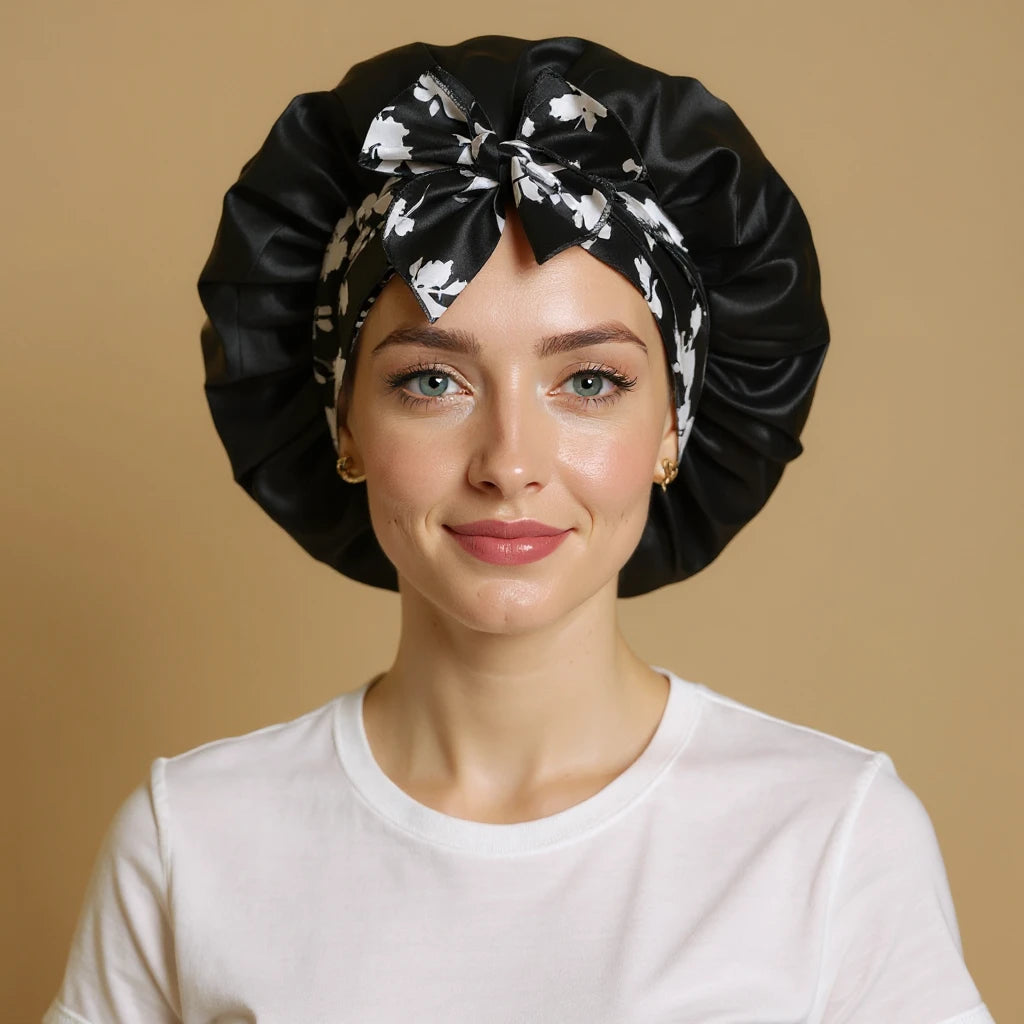 Bonnet en satin imprimé floral, vue de face
