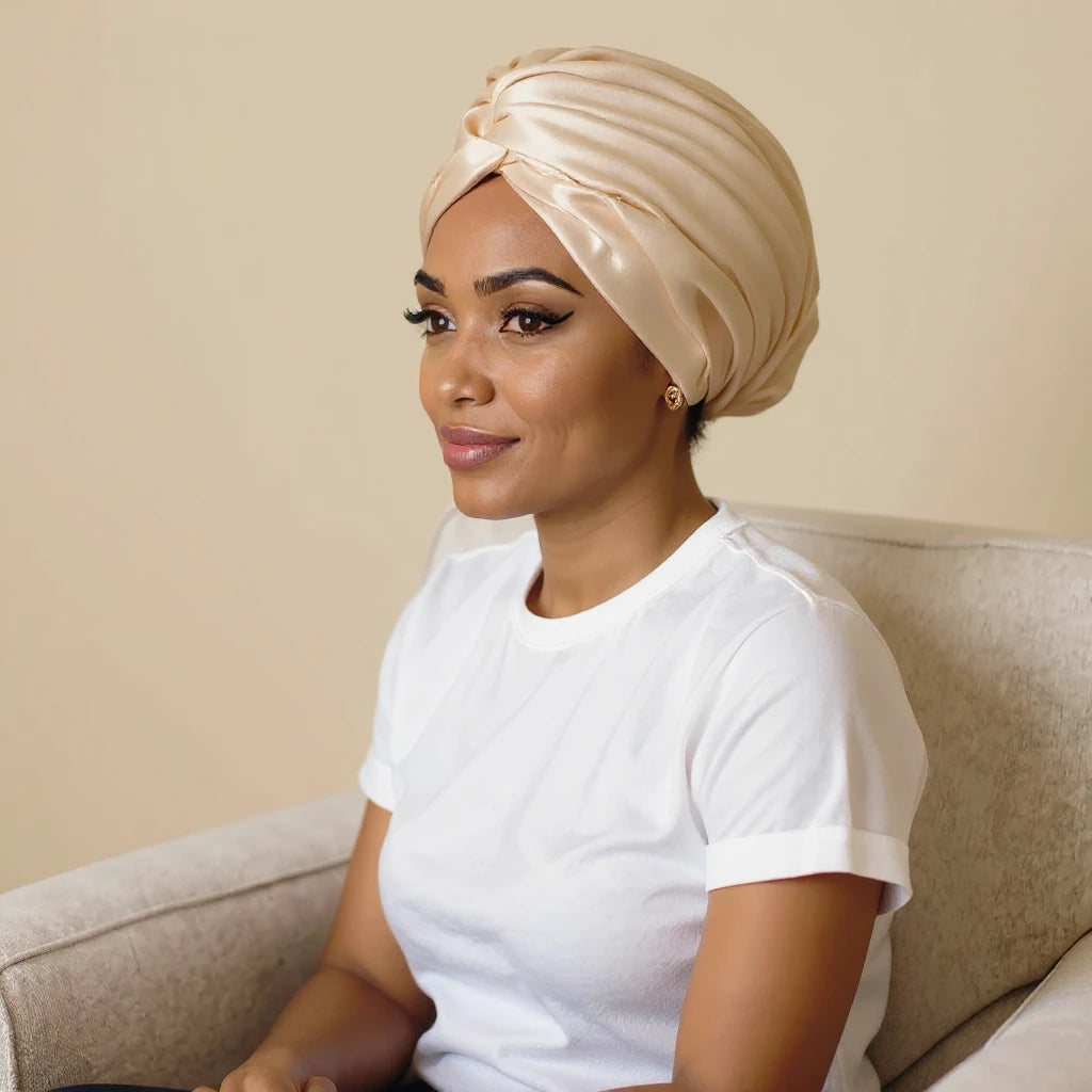 Sous-bonnet satin pour femme voilée, vue de profil trois quarts