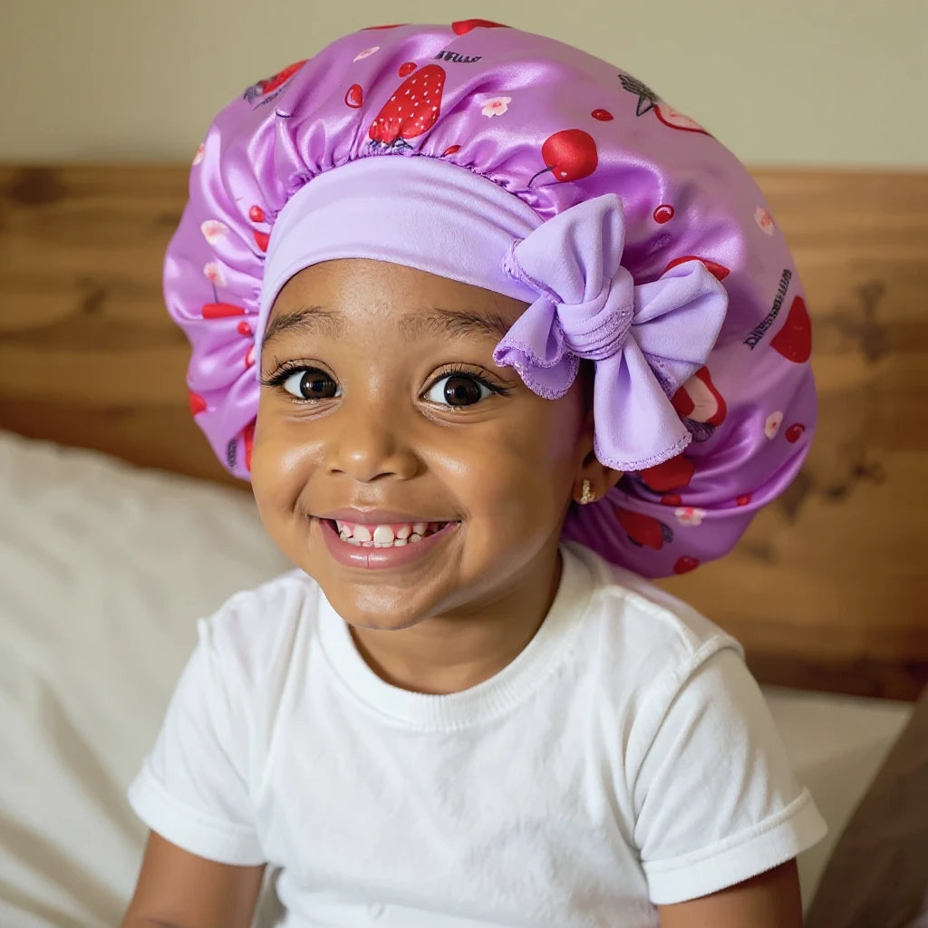 Bonnet en satin fille motif fruits à nœud, coloris violet, vue de profil trois quarts
