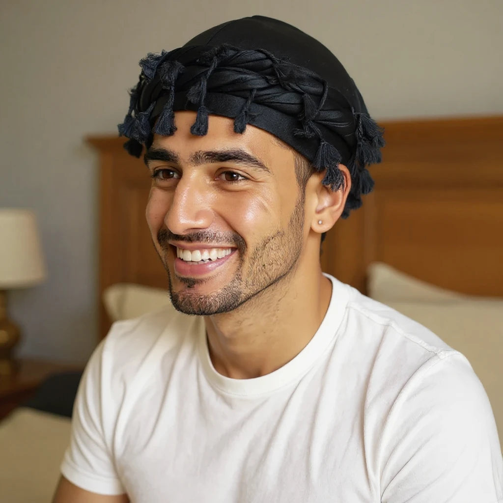 Bonnet en satin homme pour cheveux courts, vue de profil trois quarts