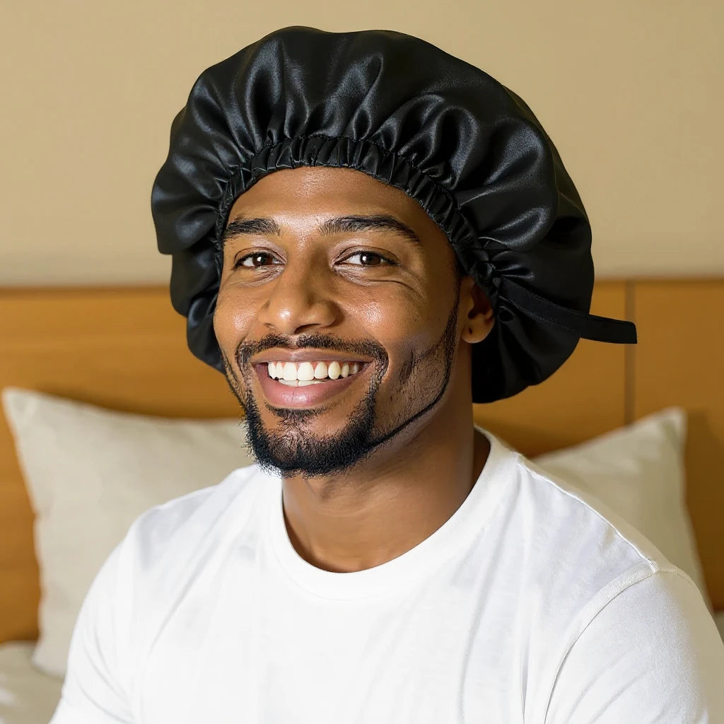 Bonnet en satin homme, vue de profil trois quarts