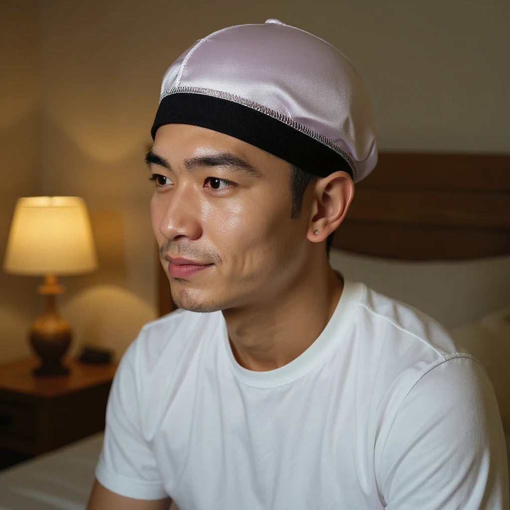 Bonnet en satin homme calotte ajustée, vue de profil trois quarts