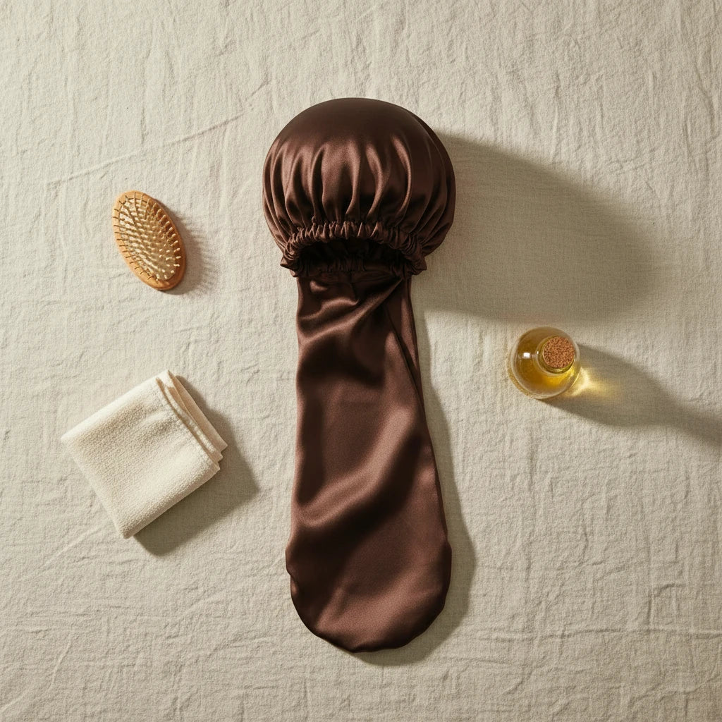 Bonnet en satin manchon pour cheveux extra-longs, coloris café