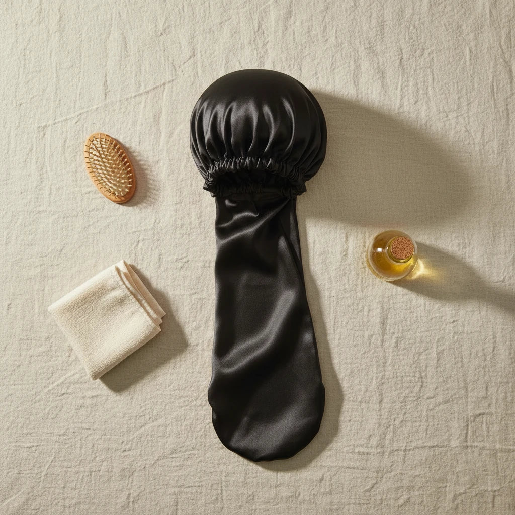Bonnet en satin manchon pour cheveux extra-longs, coloris noir