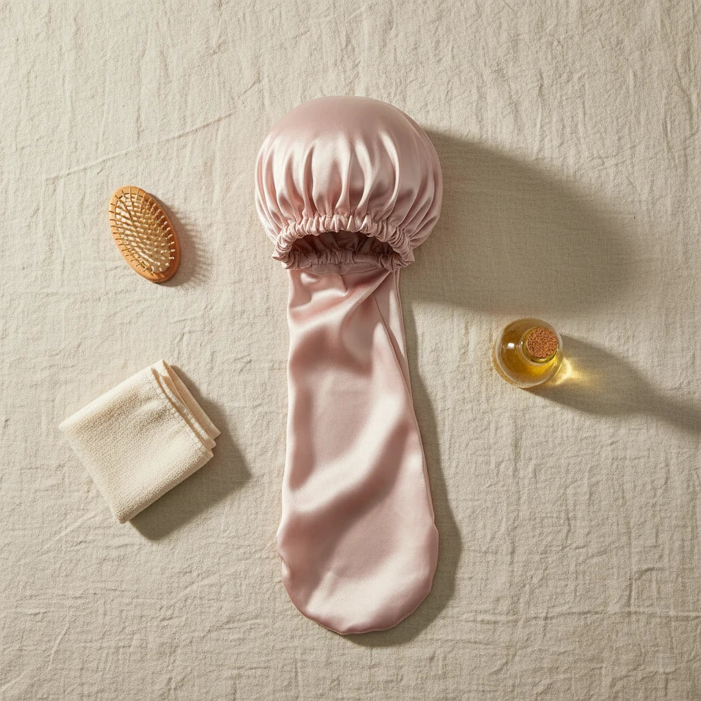 Bonnet en satin manchon pour cheveux extra-longs, coloris rose