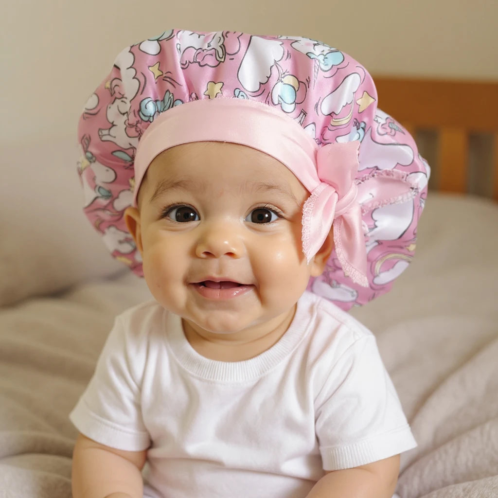 Bonnet en satin bébé motif licorne porté par bébé, vue de face — soin nocturne capillaire