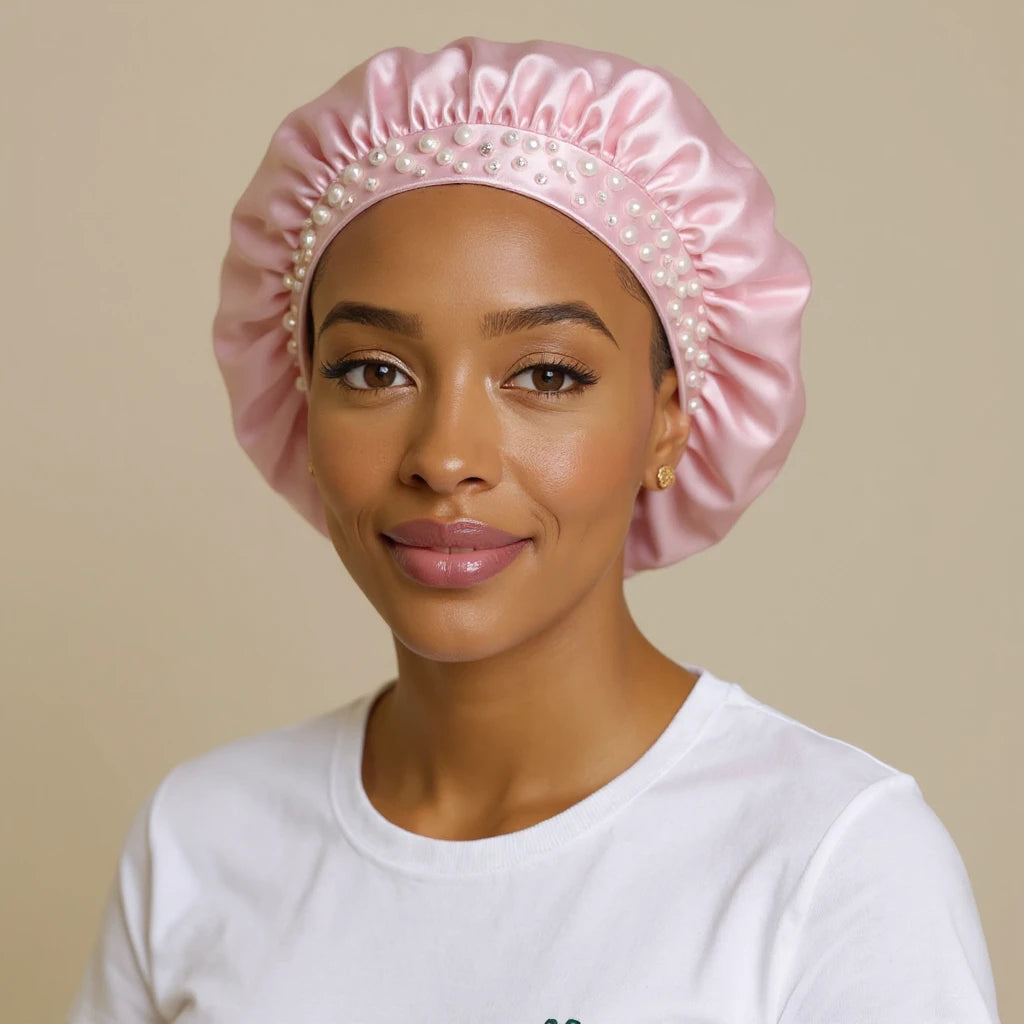 Bonnet en satin à bande perlée, vue de face