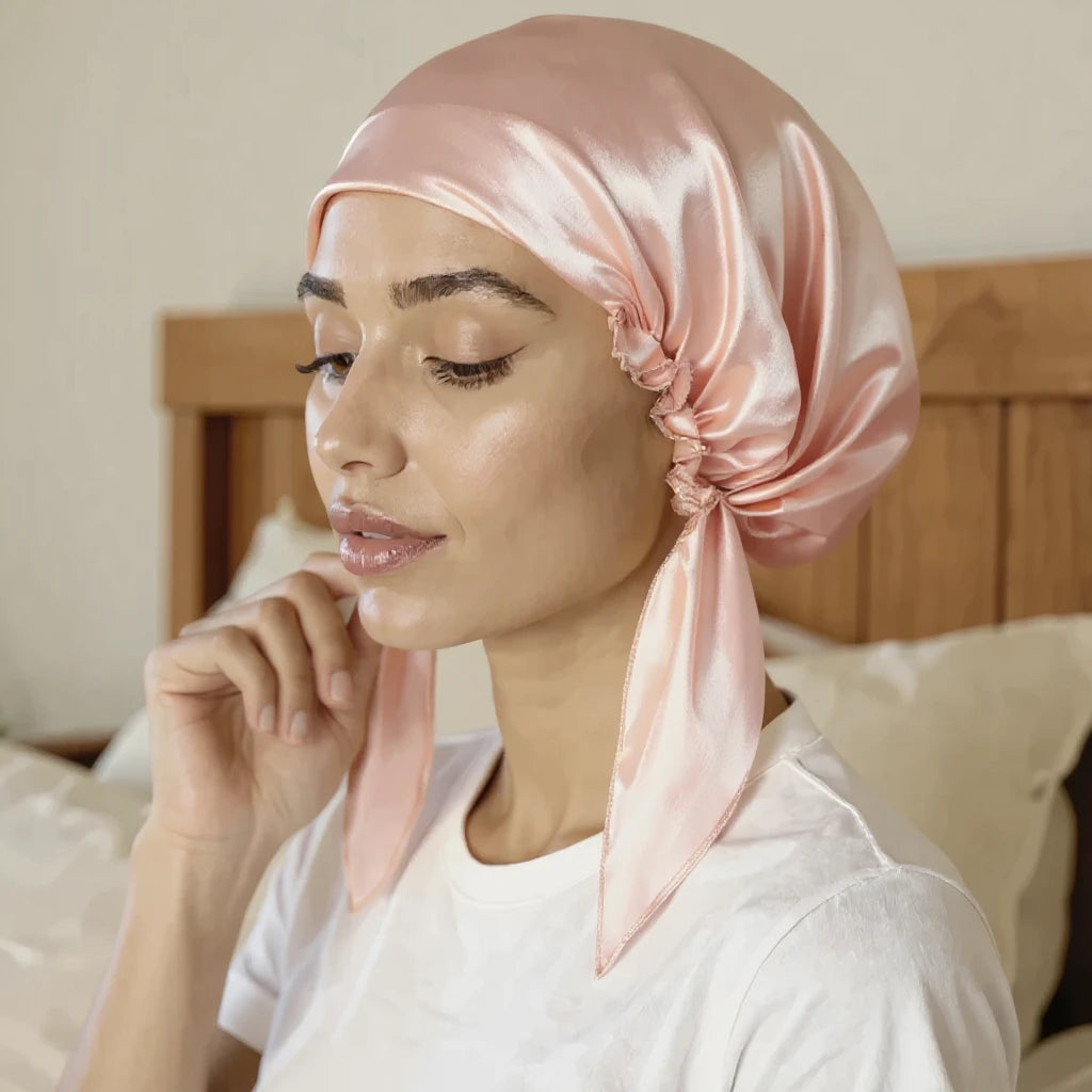 Bonnet de nuit en satin coloris Champagne porté par femme — soin nocturne capillaire