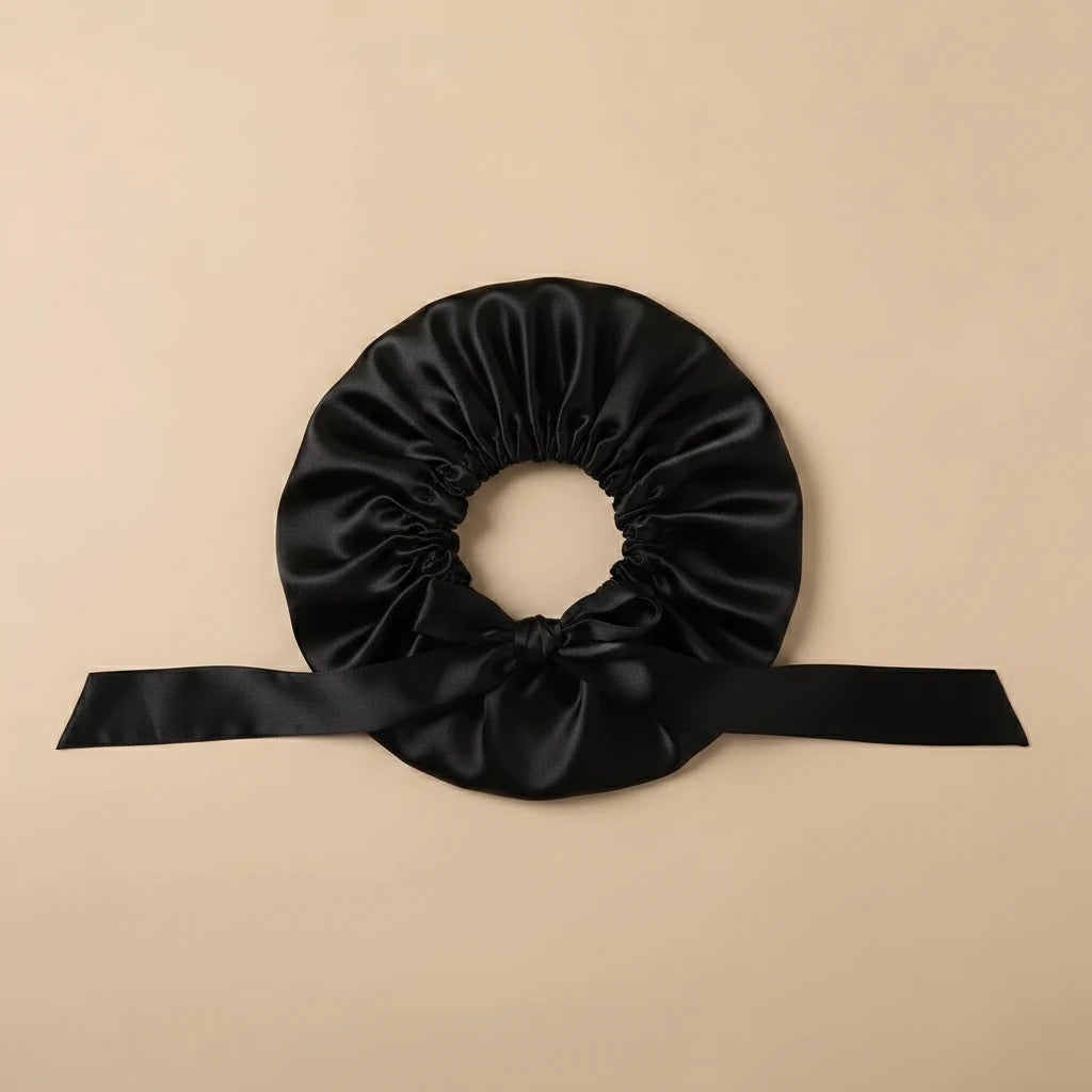 Bonnet de nuit en satin coloris Noir posé à plat — packshot satin premium